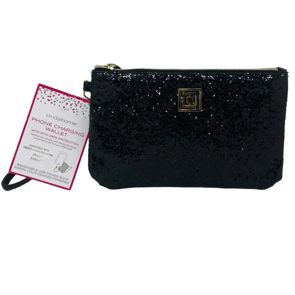 LIZ CLAIBORNE Iphone & Android Phone Charging Wallet Black Glitter Clutch Purse